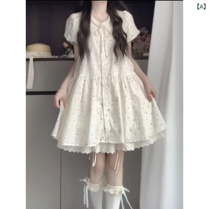 ドット 水玉 ワンピース 韓国 女の子 ドットの な 刺繍の レースの 襟の Vネックの 花柄の リボンの ベビー ドレス ワンピース コットン