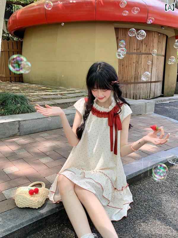ドット 水玉 ワンピース 甘くて かわいい プチ パッチワークスカートの リボン ドットの ドレス レディース 夏の ゆったり ショート スカート
