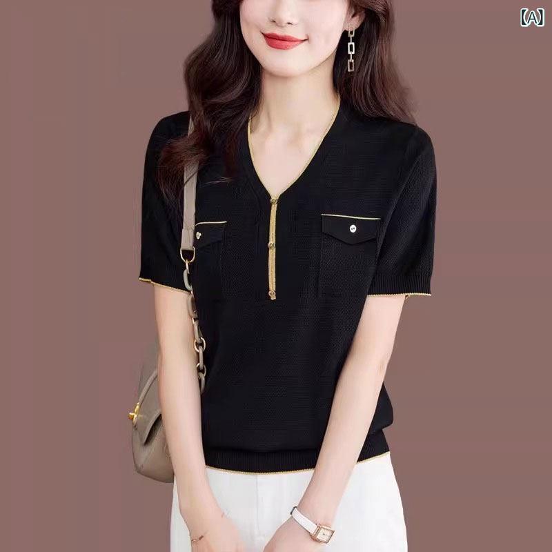 シンプル 半袖 ニット レディース Shengyuzhu の 桑 絹 半袖 Tシャツ レディース ゆったり トップス 夏服 お腹を カバー して 細く 見える Vネック 冷感