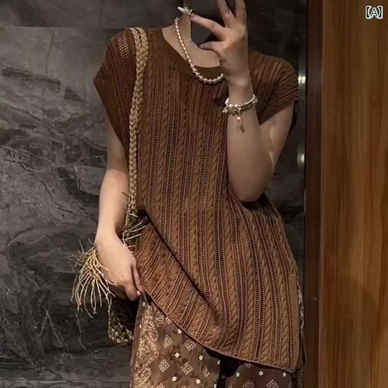 シンプル 半袖 ニット レディース ブラウンの ラウンドネック 半袖 セーター 女性用 2025夏の新 スタイル で 精巧 優しく 成熟 した シック トップス