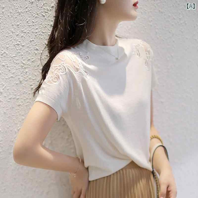シンプル 半袖 ニット レディース 新 ・纒 阿 姐 石 愛 正 同 型 婦人服 2025夏 刺繍 冷感 ニット セーター 半袖 Tシャツ