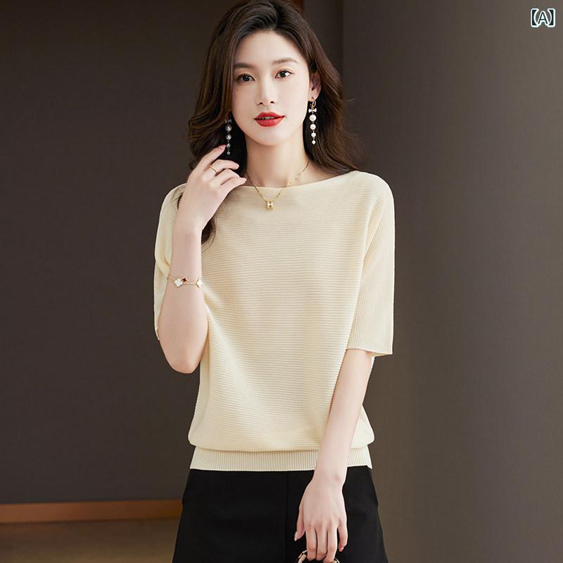 トップス 半袖 ニット バット シャツ レディース 半袖 冷感 ニット セーター 脂肪 mm カバー お腹 トップス 夏 ワンショルダー 年齢を 感じさせにくい スリミング Tシャツ