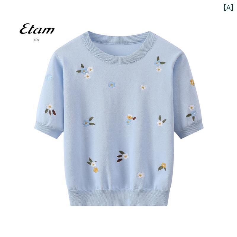 トップス 半袖 ニット Eger ラウンドネック 冷感 ニット セーター レディース 半袖 トップス 夏 薄手 刺繍 プルオーバー 韓国