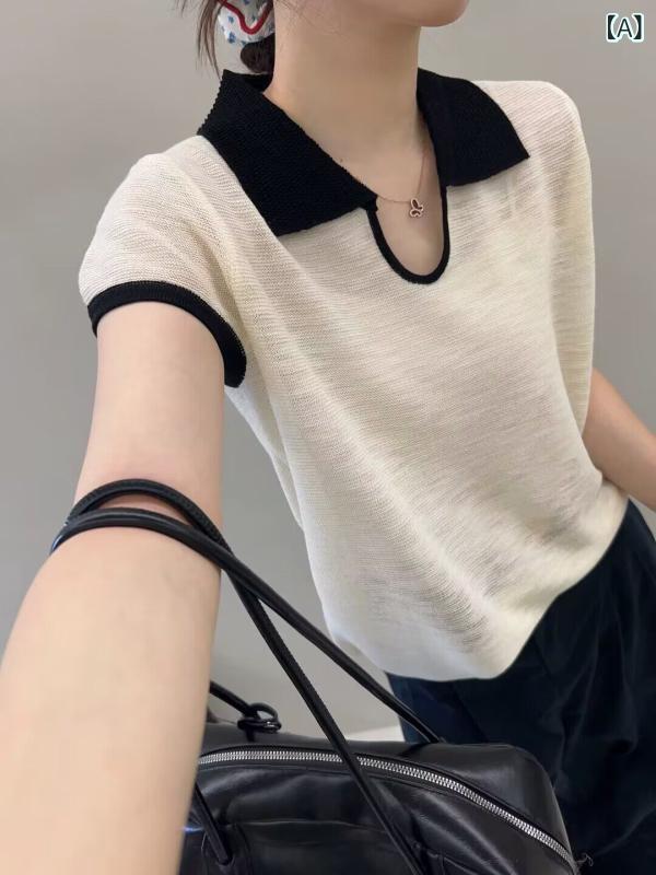トップス 半袖 ニット 竹 麻 ポロ カラー コントラスト ニット 半袖 トップス レディース 2025夏 ファッション シック ショート Tシャツ