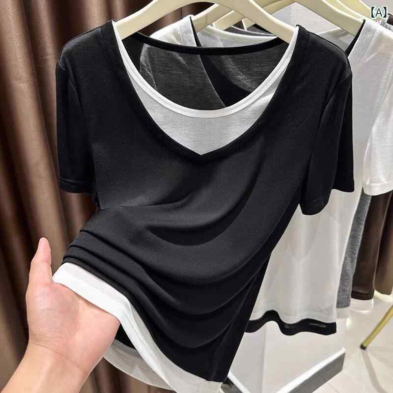 トップス 半袖 ニット フェイク ツーピース 冷感 ニット 半袖 Tシャツ レディース 2025夏 ゆったり カジュアル ショルダー トップ
