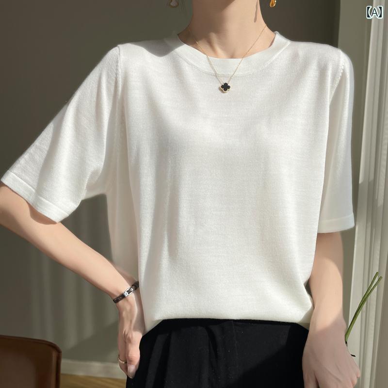 トップス 半袖 ニット 2025夏 薄手 ファイン 五分袖 Tシャツ レディース ラウンドネック ニット セーター ゆったり トップス ハーフスリーブ 半袖