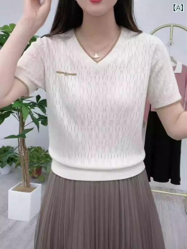 トップス 半袖 ニット 冷感 半袖 レディース 夏 無地 ニット セーター Vネック Tシャツ ゆったり スリム トップ