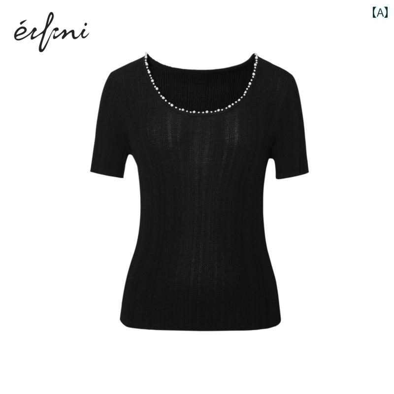 トップス 半袖 ニット Evely ラウンドネック パール 精巧 厚手 薄手 ニット 半袖 トップス 2025夏 Tシャツ|LAONsChoice