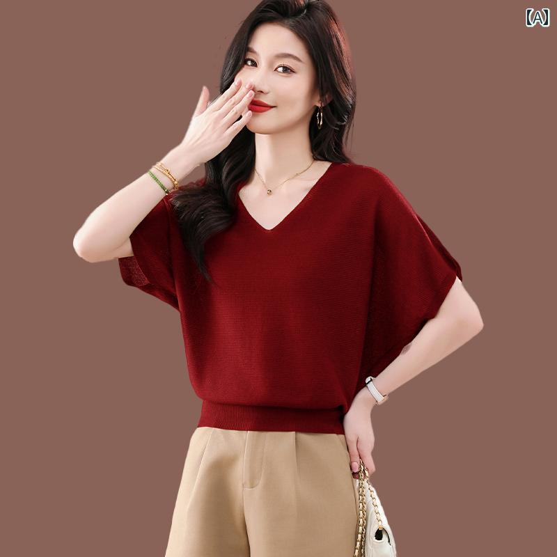 トップス 半袖 ニット バット シャツ Vネック 半袖 Tシャツ レディース 夏 ハイエンド ショート トップス 薄手 冷感 セーター