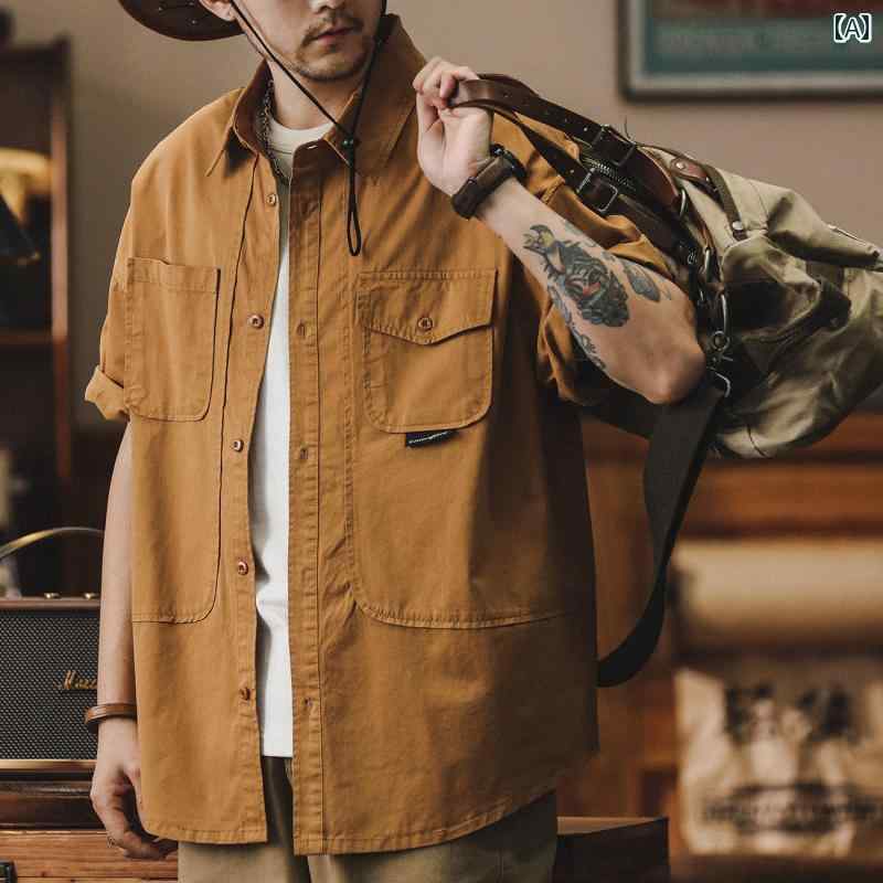 Ｙシャツ 半袖 メンズ アメリカン アミ カーキ ワークウェア 半袖 シャツ 男性用 夏 薄手 カジュアル ヘビーウェイト メンズシャツ ジャケット