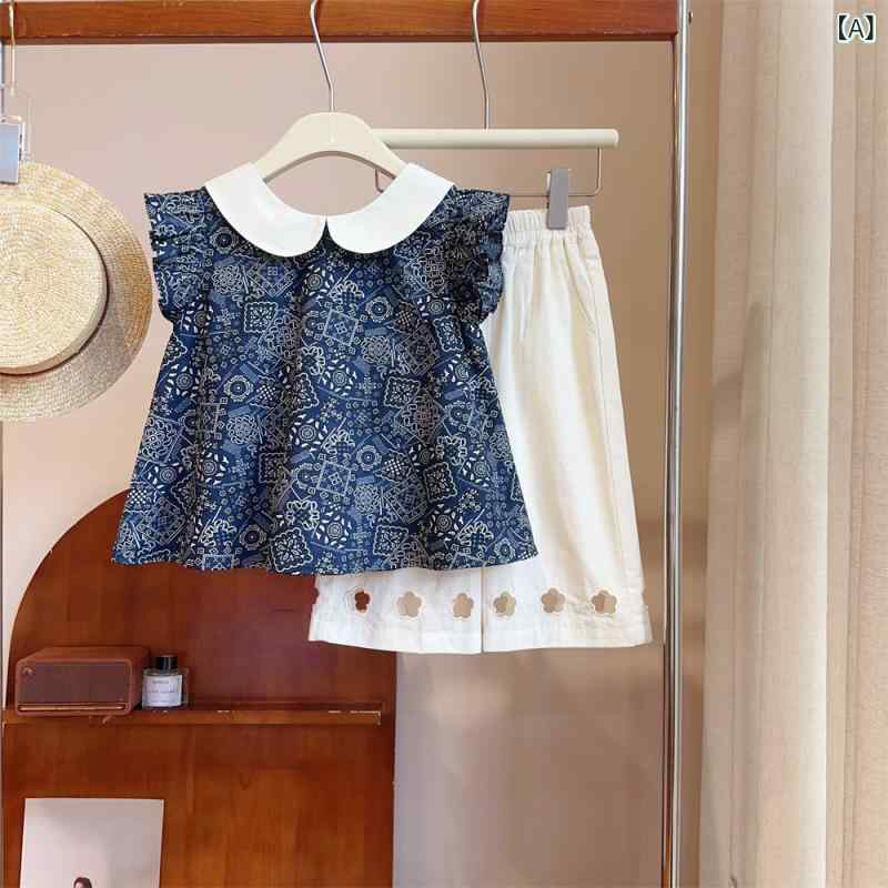 キッズ ブラウス 女の子用 女の子 夏用 コットンシャツ フレンチ ファッション ガールズ フライング スリーブ シャツ 万能 子供用