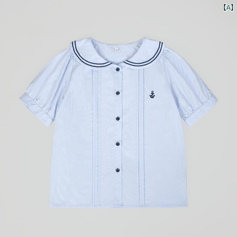 キッズ ブラウス 女の子用 コットン ガールズ ネイビー スタイル 刺繍 シャツ 2025夏 M サイズと L サイズ 子供用 ラウンドネック 半袖