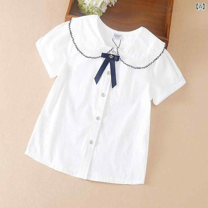 キッズ ブラウス 女の子用 女の子 半袖 シャツ 夏の スタイル Mと Lの 子供用 白 学校 制服 綿 カレッジ おしゃれな ベビー トップ