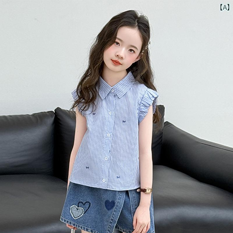キッズ ブラウス 女の子用 女の子 ノースリーブシャツ 2025夏の新 スタイル ストライプシャツ 大きい 子供用 カレッジ フライング スリーブ トップ