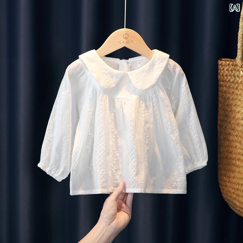 キッズ ブラウス 女の子用 女の子 春秋 夏の 白い シャツ 子供の プリンセス レースの 長袖 トップス ベビー ゆったり スタイリッシュな