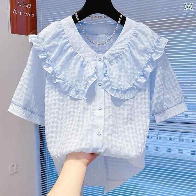 キッズ ブラウス 女の子用 女の子 ドール カラー シャツ中大 サイズ 子供用 夏 半袖で 万能な フリル シフォン スイート トップス