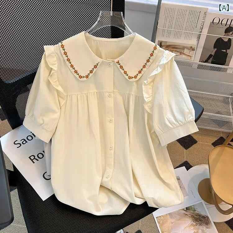 キッズ ブラウス 女の子用 女の子 ドール カラー シャツ 2025 夏の カレッジ 刺繍 半袖 Tシャツ カジュアル コットン トップ