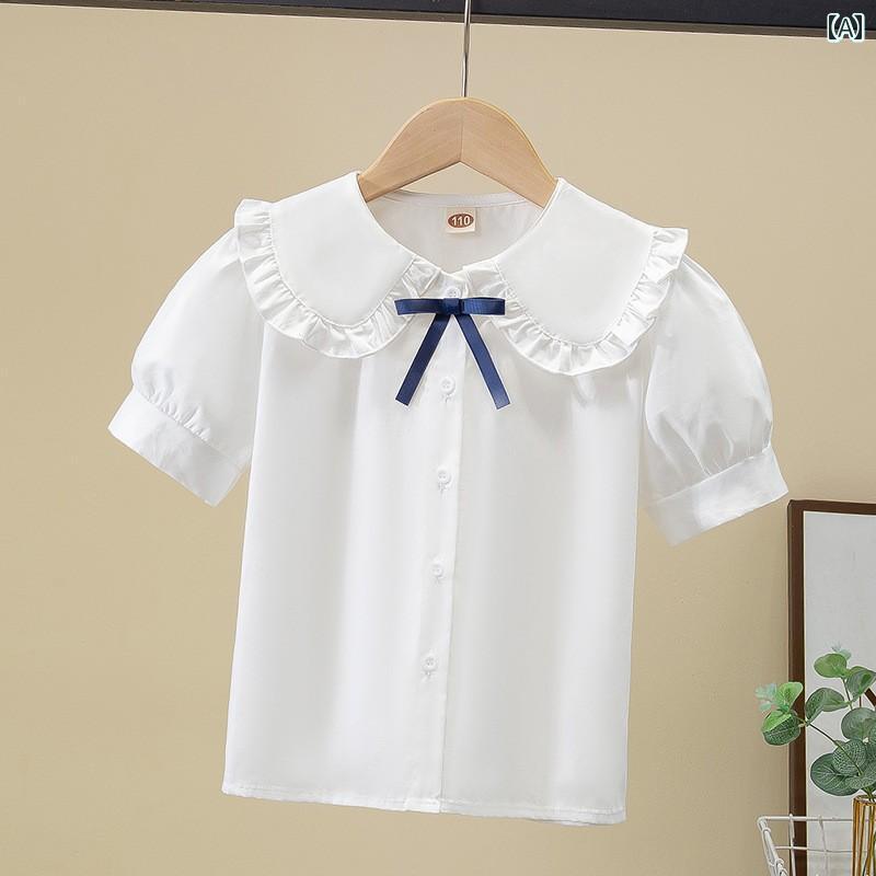 キッズ ブラウス 女の子用 女の子 シャツ 夏 半袖 薄手 中 大 子供用 コットン ドール カラー 白 レイヤリング スウィート トップ
