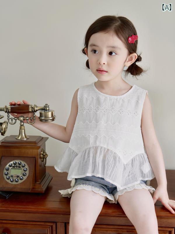 キッズ ブラウス 女の子用 2025 女の子用 夏用 コットン ベビー シャツ おしゃれな トップス ノースリーブ ラウンドネック