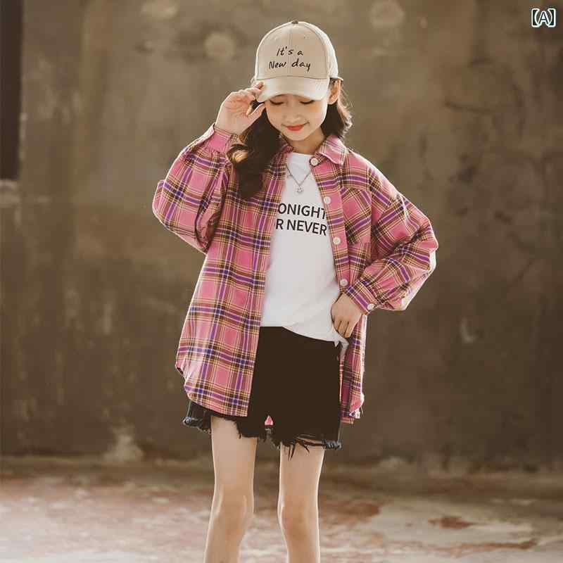 キッズ ブラウス 女の子用 女の子 チェック 柄 シャツ 春夏 トップス 2025 綿 コート 大きいサイズ 子供用 薄手 長袖