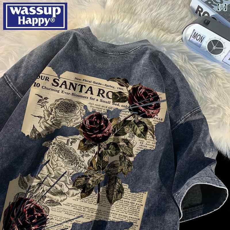 刷り上げる ティーシャツ メンズ WASSUP HAPPY サクラ色刷り上げる 半袖 ティーシャツ メンズ 夏 ゆったり アメリカン レトロ ウォッシュ 処理 不都合 トップス-Tシャツ・カットソー