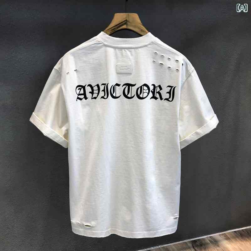 メンズTシャツ ワンポイント ゴシック ストリート ナイフ カット ホール 綿 ヘビー 半袖 Tシャツ メンズ アメリカン ハーフスリーブ