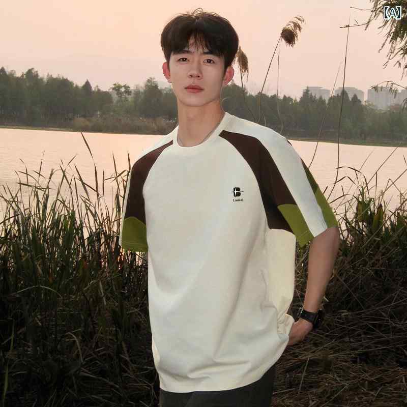 メンズTシャツ ワンポイント 男の子用 の ラグランスリーブ 半袖 Tシャツ 2025夏の新 スタイル ヘビーウェイト トップス