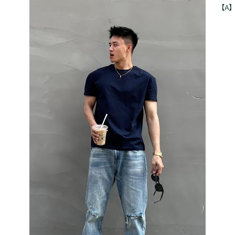 メンズTシャツ ワンポイント ネイビーブルーの クリーン フィット 半袖 メンズ 夏用 スモール ネック ライン ヘビーウェイト ストレート ショルダー Tシャツ アメリカンフィットネス 丈夫な
