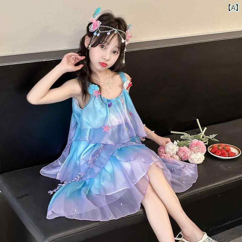 女の子用 かわいい マーメイド 女の子 ドレス 夏 2025 スタイル ドリア マーメイド サスペンダー スカート 子供の 日 プリンセス パフォーマンス コスチューム