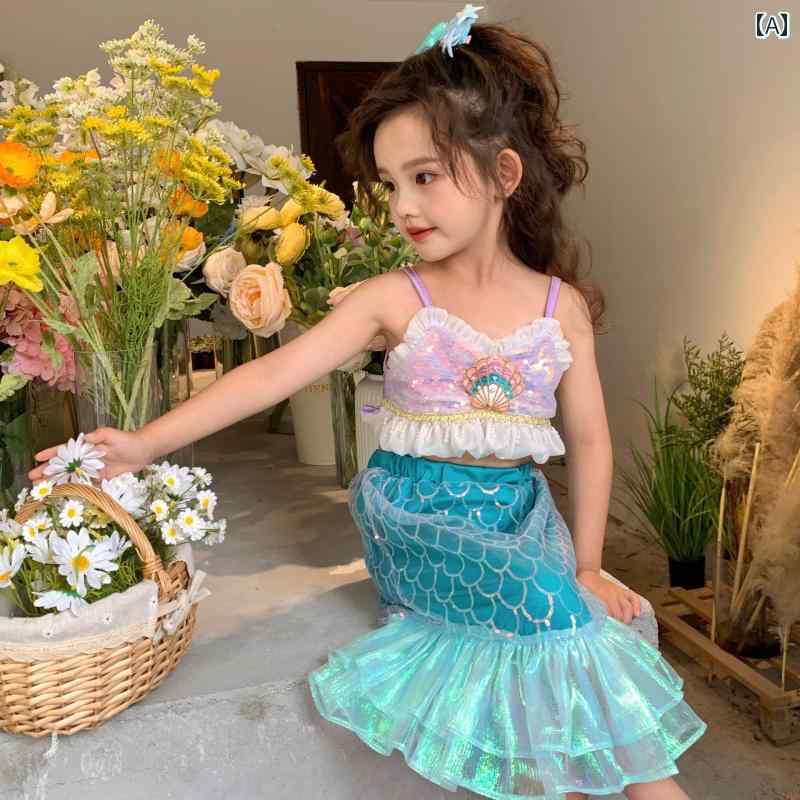 女の子用 かわいい マーメイド マーメイドプリンセスドレス 夏 女の子 服 子供用 スパンコール サスペンダー トップ スカート マーメイド セット