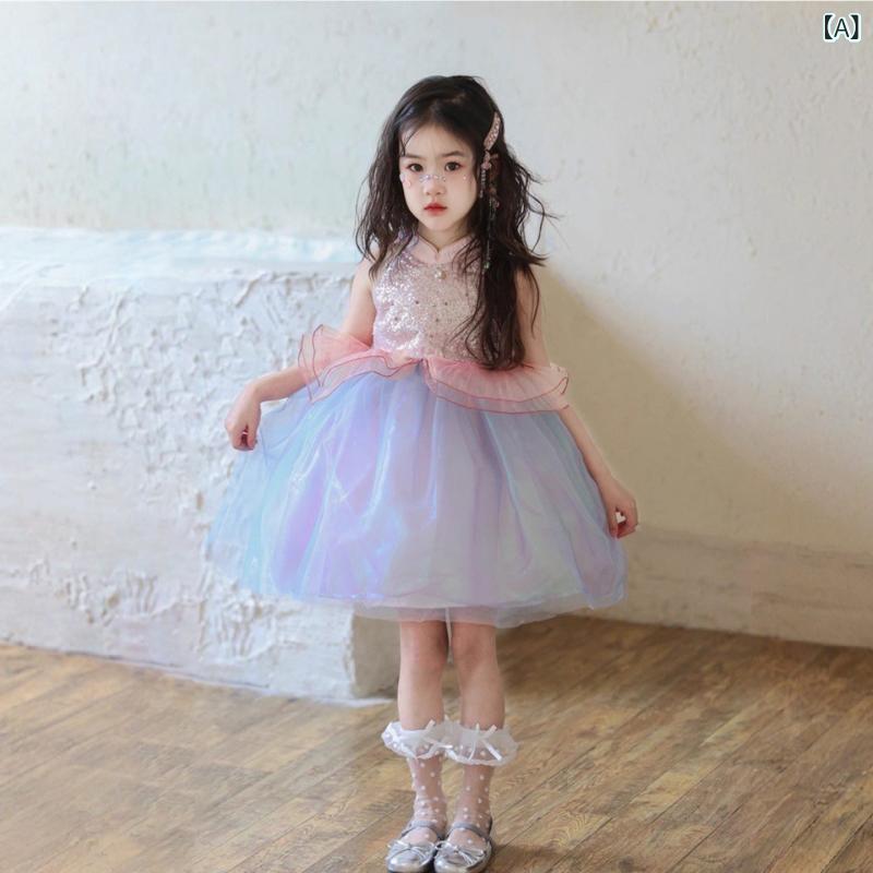 マーメイド キッズ用 女の子 ドレス 2025夏 ピンク スパンコール メッシュ プリンセス マーメイド ふわふわ バースデー