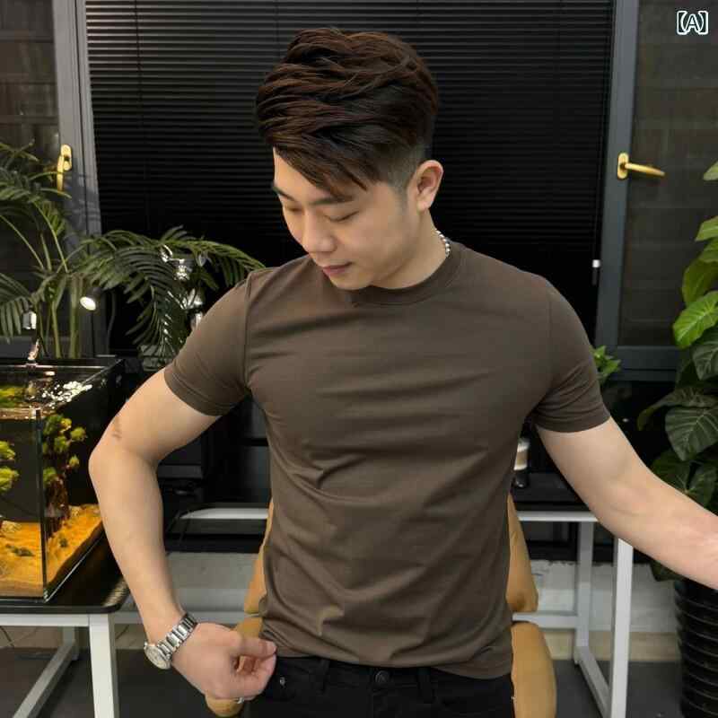 無地 Tシャツ 着やすい メンズ高 伸縮性 夏 Tシャツ 2025 ホット スタイル シンプル 無地 ストレート ショルダー 半袖 スリムフィット ハーフスリーブ