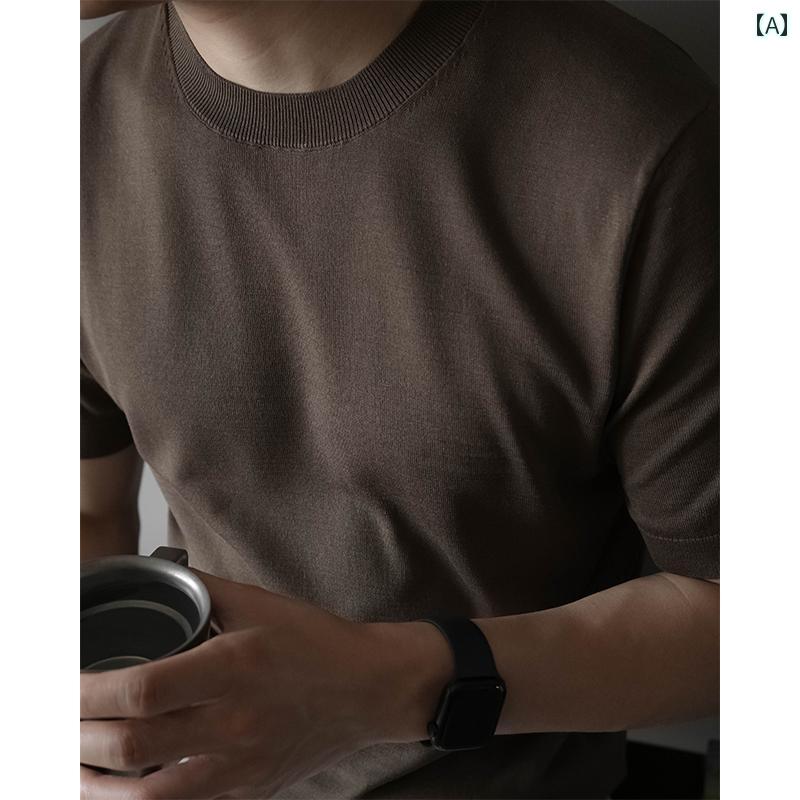 無地 Tシャツ 着やすい 桑の 絹を 含み 通気性が あり 涼しい メンズビジネス 通勤 軽量 成熟 した 高級 ニット ラウンドネック 半袖 Tシャツ ドレープ 夏
