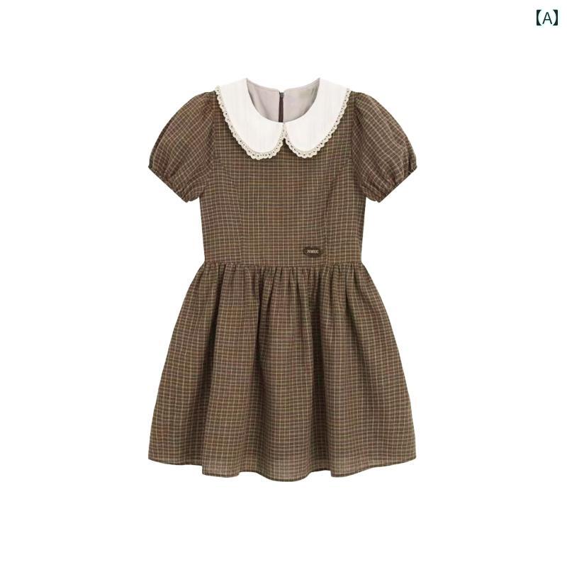 おしゃれ ドレス ファッション フレンチ レトロ ドール カラー チェック 柄 パフ スカート レディース 夏 2025 プチ ウェア ウエスト パフスリーブドレス