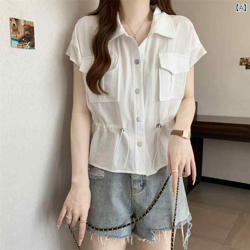 シンプル ブラウス 半袖 大きいサイズ ユニークな の 作業着 半袖 シャツ 女性用 夏用 ミリ スリム 不規則な ドローストリング ウエスト ショート トップ