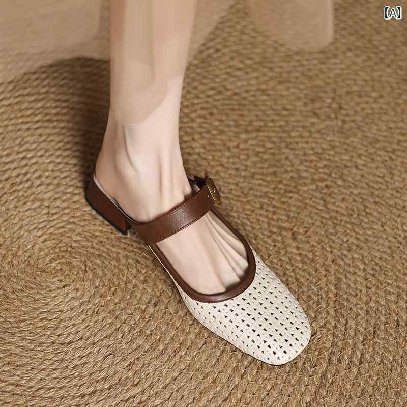 ミュール サンダル レディース フランスの レトロ 革 留め具 付き ハーフ スリッパ 女性用 アウトドアウェア 夏用 サンダル 通気性の ある レディースシューズ ローヒールの シューズ ミュール｜LAONsChoice