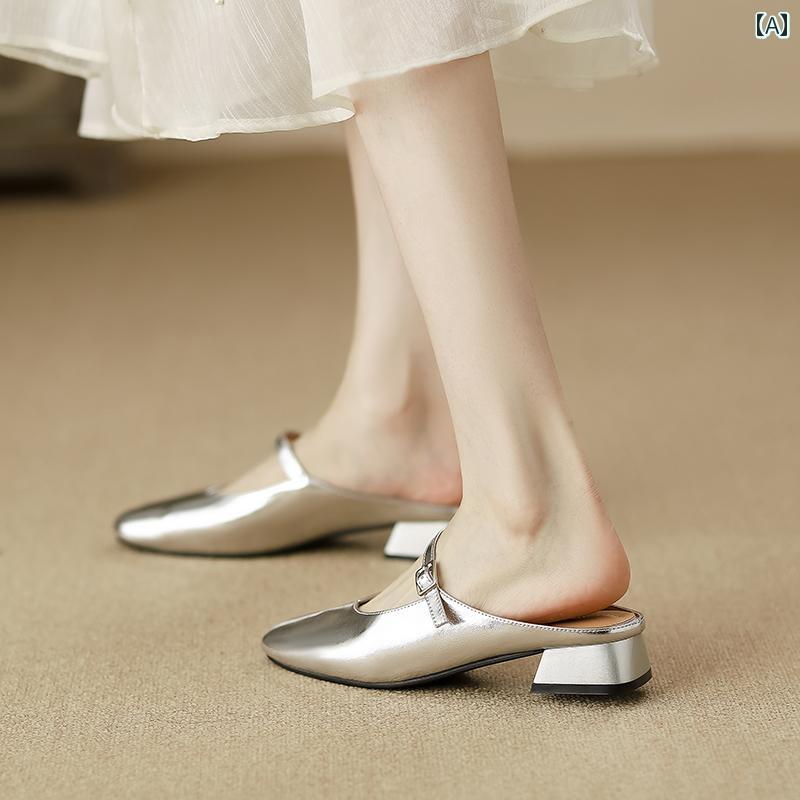 ミュール レディース 上品 フレンチ レザー 留め ハーフ スリッパ 女性用 夏 アウトドアウェア 2025年 シルバー ソフトレザー ローヒール サンダル ミュール|LAONsChoice