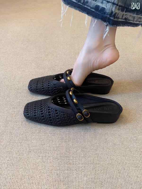 ミュール レディース 上品 シープスキン フランスの レトロ 包 頭 ハーフ スリッパ 女性用 夏の アウトドアウェア 2025 織り ミュール サンダル
