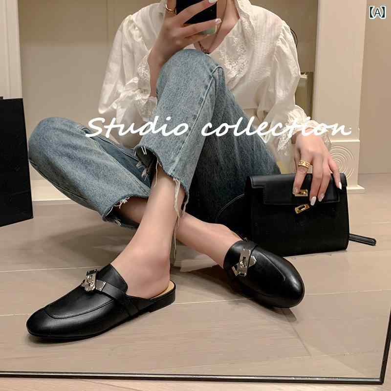 ミュール レディース 上品 の フレンチ サンダルと ハーフ スリッパ 女性用 夏 アウトドアウェア 高級 春夏用 GD ロック バックル シープスキン ミュール シングル シューズ