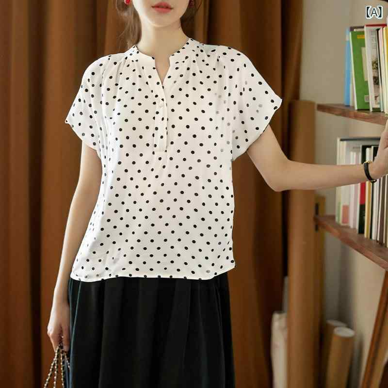 ドット柄 水玉 ブラウス シャツ フランスの ドットの ラウンドネック 半袖 Tシャツ 女性用 夏 レトロ ハイエンド ホワイト シャツ 美しい スモール トップ