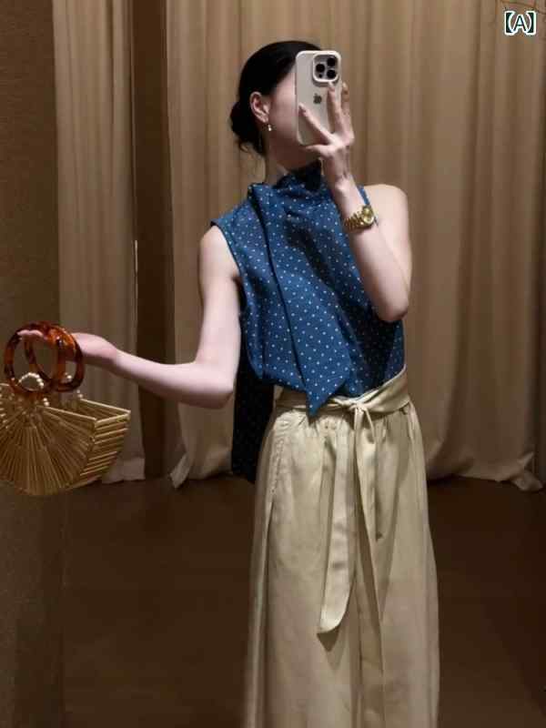 水玉 シャツ かわいい 夏の 女性用 フランスの プチブルジョワ トップス 薄型 スタイル 高級 非常に 見栄えが よく ユニークで 美しい ブルーの ノースリーブ 水玉 シャツ