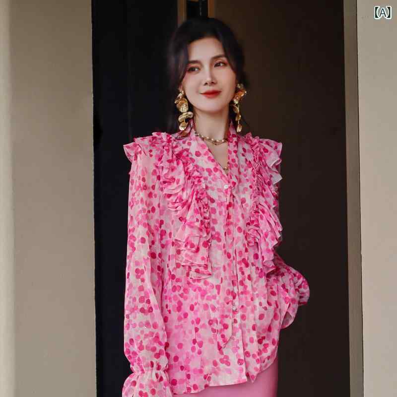 水玉 プルオーバー 愛くるしげ フレンチ 愛くるしげな フラウンス ゴールド絹地 シフォン刷り上げるの な シングル乳ぶさ Vのど首 シュロの葉の 年歳を 感じさせにくい ホワイトニング プルオーバー