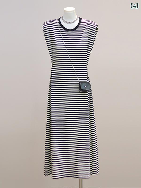 カジュアル ワンピース ひざ丈 Bellara カジュアル ストライプ ノースリーブドレス レディース 夏 韓国 ゆったり 小さい サイズ スタイリッシュで な 年齢を 減らす スカート 6,491円