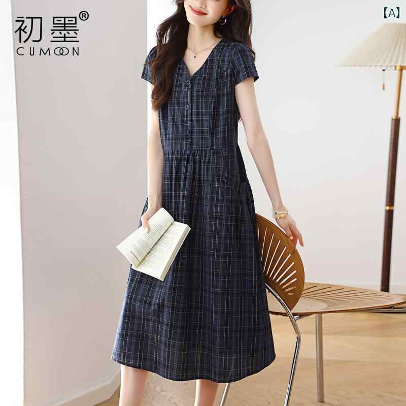 カジュアル ワンピース ひざ丈 コットンチェック 柄 ワンピース 2025夏服 Vネック スリム ホット スタイル イケ てる おしゃれ 美しい スカート