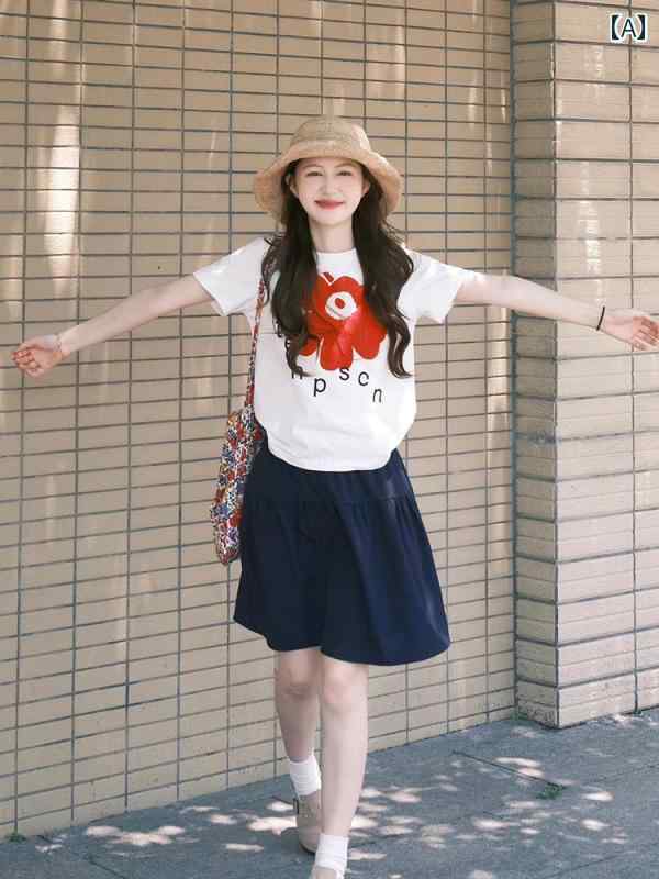 花柄 プリント Tシャツ BAIYUQIN かわいい 赤い 花の 文字の Tシャツ 女性 プリント の 綿 カジュアル 𫔮 ショートショルダー トップ 夏