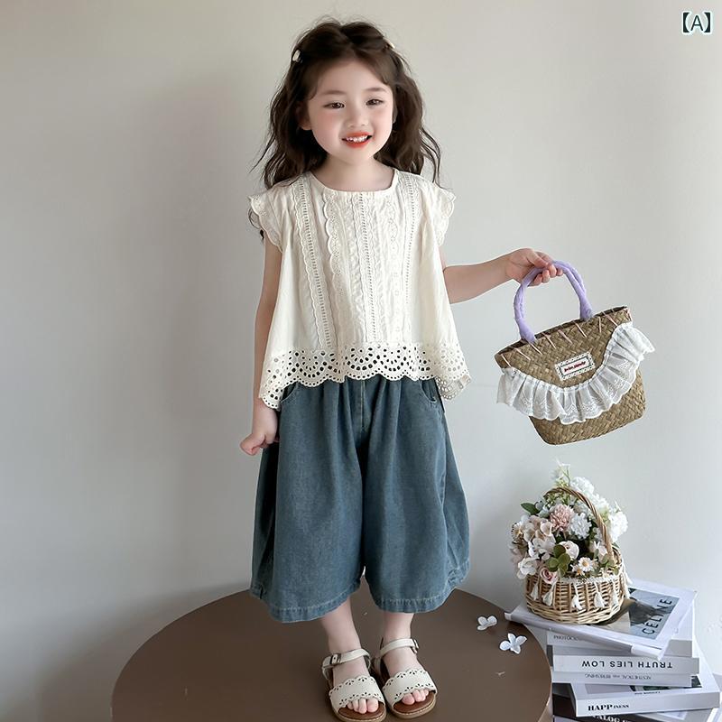 キッズ カジュアル パンツ セット 女の子 おしゃれな 森 夏の 薄手 デニム ワイド レッグ パンツ スーツ ベビー 2025 韓国 ツーピース