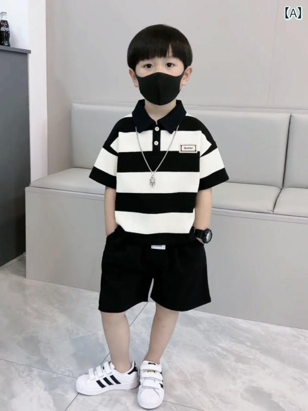 キッズ カジュアル パンツ セット 男の子 半袖 スーツ 2025夏の ストライプ ポロシャツ クールで スタイリッシュな ネット ストリート 子供服