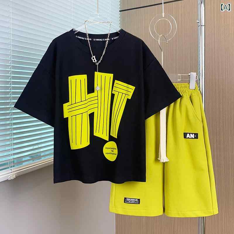キッズ カジュアル パンツ セット 男の子 夏の スーツ 2024 子供の 半袖の 夏服の となのの ストリート ブラスト 文字の スタイル