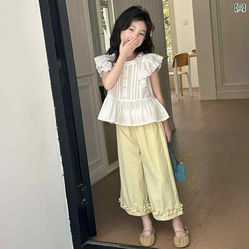 キッズ カジュアル パンツ セット 女の子 スーツ 夏 2025 新型 子供服 半袖 九分丈 ズボン 子供 ツーピース 薄手