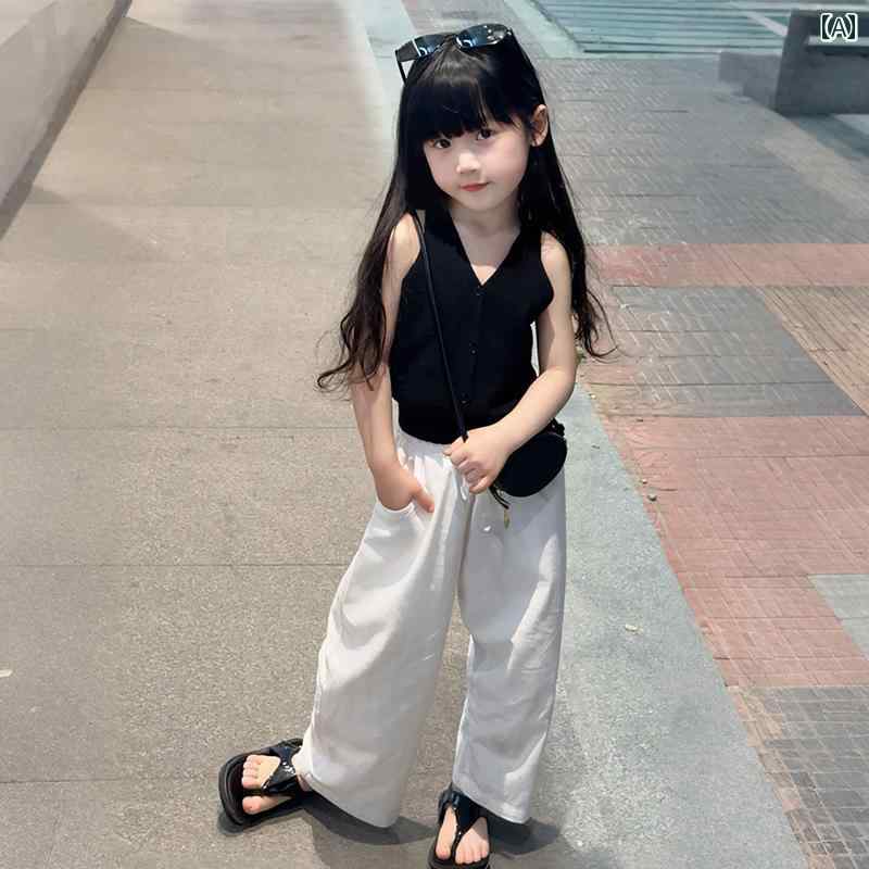 キッズ カジュアル パンツ セット 女の子 夏の スーツ 2025 子供の おしゃれな 夏服 韓国 ベスト ワイド レッグ パンツ ツーピース ウエスタンスタイル